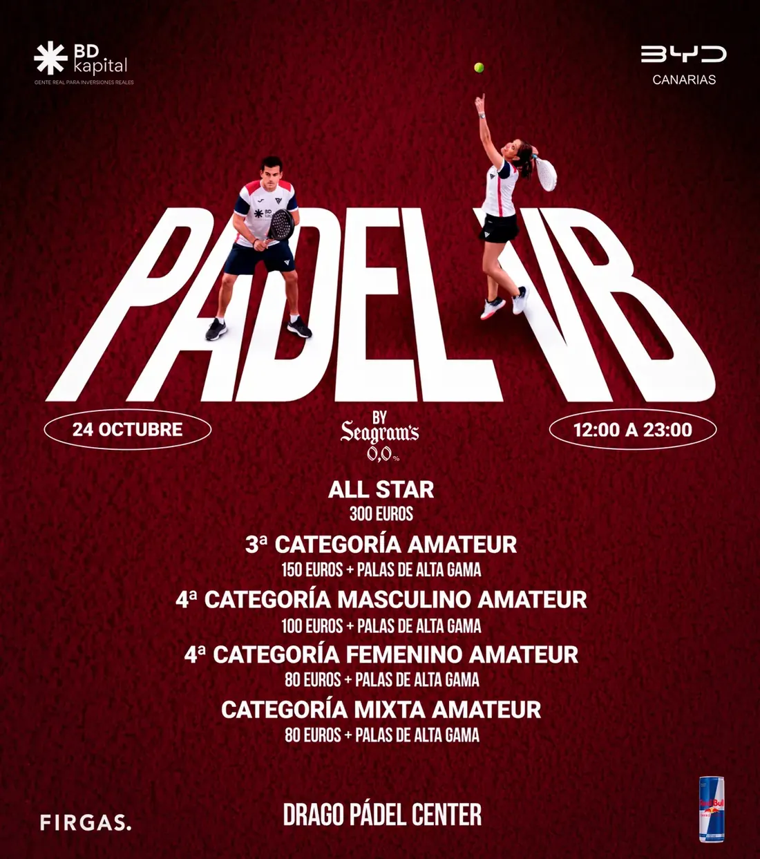 Cartel de la VI edición de Pádel VB: sábado 24 de octubre, Drago Pádel Center, de 12:00 a 23:00, cinco categorías con premios